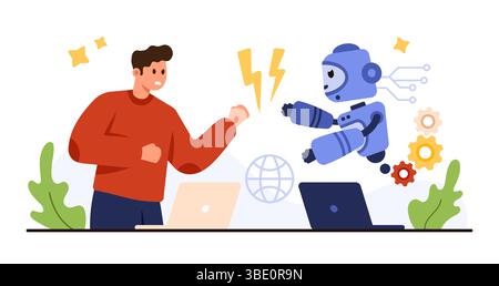 Man faces off against robot symbolizing AI risk and workplace competition, highlighting technology impact on jobs, automation, and future employment vector illustration Stock Vector