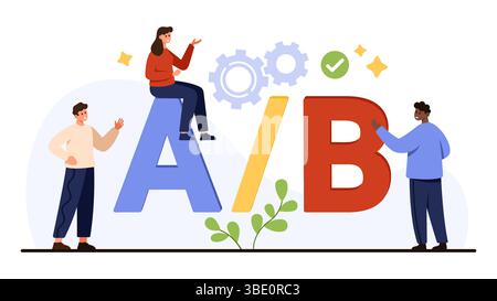 Business team discussing A B testing strategy with large letters, gears, checkmark, and abstract elements for marketing optimization and decision making isolated on white background vector illustration Stock Vector