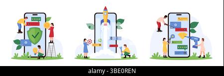 Software and mobile app development process set. Tiny people launch rocket on phone screen, developers holding digital tools to repair project, security shield for startup cartoon vector illustration Stock Vector