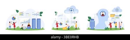 Big data analysis set. Tiny people research results of digital graph and info diagram, finance reports with advices of AI assistant, using cloud service and server database cartoon vector illustration Stock Vector