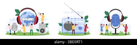 Radio podcast, broadcast set. Tiny people record sound of voice interview or music using microphone and headphones, turn knob of retro receiver to listen to FM content cartoon vector illustration Stock Vector