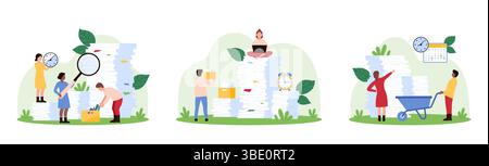 Poor organization of paperwork, bureaucracy set. Tiny people work with stack of paper documents, lot of binder books and messy reams of sheets form to organize archives cartoon vector illustration Stock Vector