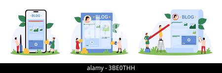 Author content creation, monetization of creative blog articles set. Tiny people make money on attracting audience, holding pencil and pen to create text, thumbs up cartoon vector illustration Stock Vector