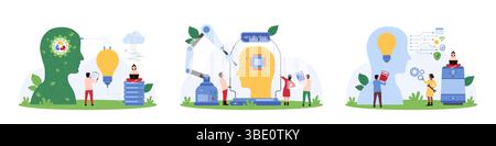 Creation and control of AI personal assistant set. Tiny people building chat bot with robot hands help, connect virtual assistants head with light bulb and recycle sign cartoon vector illustration Stock Vector