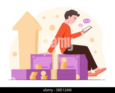 Man Sitting on Cash Money Bundle and Checking Account Balance on Mobile Phone for Financial Savings and Banking Concept Illustration Stock Vector