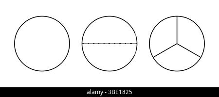 Pie, pizza rounded shape cut in 1,2,3 equal slices. Divided circle in one, two and three segments. Black line chart. Outline style.  Stock Vector