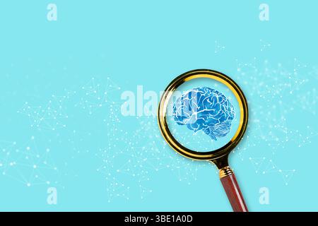 Magnifying glass highlights blue brain with neural connections on blue background. Symbol of AI, intelligence, deep learning, research, innovation, an Stock Photo