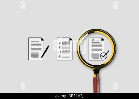 Magnifying glass highlighting checklist document icon, symbolizing review, audit, or document validation. Flat vector icons for compliance, quality co Stock Photo