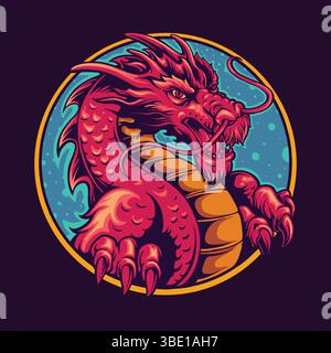 Illustration Of A Red Dragon Inside A Blue And Gold Circle Frame vector illustrations for your work logo, merchandise t-shirt, stickers and label desi Stock Vector