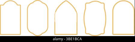 Collection of golden arches in oriental style. Arabic golden frames, traditional islamic window shape, gates, doors, mosque arches, moroccan borders. Stock Vector