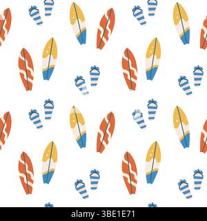 Colorful summer vacation stickers featuring surfboards and flip flops for fun design projects. Stock Vector
