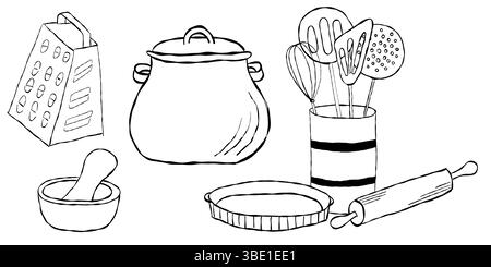 Cooking tools set with grater pot spatula stand rolling pin and baking dish Stock Vector