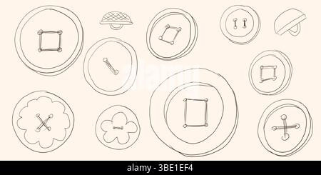 Set sewing buttons line art. Sewing accessories clothes various shapes. Hand drawn vector illustration Stock Vector