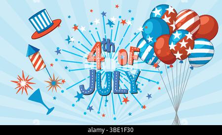 Colorful vector illustration with fireworks, balloons, and patriotic elements celebrating the 4th of July in vibrant style Stock Vector