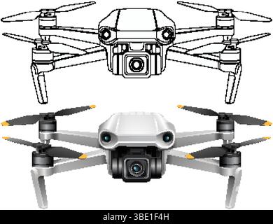 Detailed vector illustration of a modern drone, showcasing front and outline views. Features realistic design and precise technical elements Stock Vector