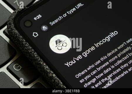 Google Chrome app's Incognito mode is seen on the screen of a Google Pixel smartphone. Stock Photo