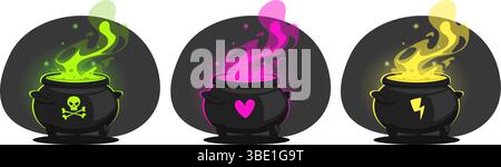 Witches cauldrons with colorful magic potion. Poison or energy elixirs. Love drink. Sorcery laboratory. Fantasy pot with toxic smoke. Witchcraft and Stock Vector