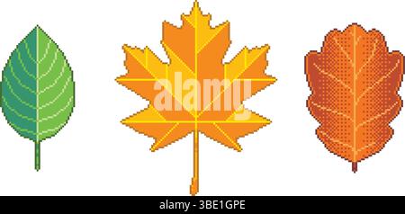 Pixel art leaves set. Maple, oak and birch foliage seasonal design for video game icons - vector Stock Vector
