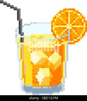 Orange cocktail with ice cubes and slice in pixel art style. Refreshing summer drink vector illustration. Retro 8 bit design for menu, games, stickers Stock Vector