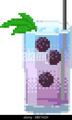 Berry cocktail with blackberry and mint in pixel art style. Summer fruity drink in retro 8 bit design. Fun digital element for games, menu design and Stock Vector