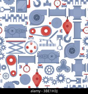 Mechanical mechanisms seamless pattern. Engineering equipment. Engine chains and gears. Industrial fans. Crane hooks. Repeated print. Steel pipes with Stock Vector