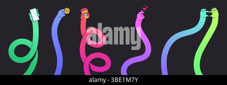 Flexible gesture hands set - cartoon arms with love hearts signs, holding cup of coffee, smartphone and golden coin. Vector illustration of colorful human palm collection isolated on black background. Stock Vector