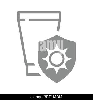 Sunblock tube with shield and sun. Suntan lotion, sunscreen vector icon. Stock Vector