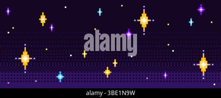 Pixel art stars pattern - shining cosmic sparks, glowing twinkle sky elements on dark space background. Retro 8 bit style starry night galaxy print. Old school pixelated video game universe. Stock Vector