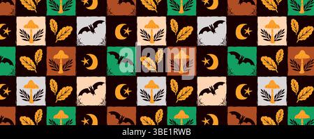 Halloween Seamless Pattern with Silhouettes of Bats, Mushrooms, Leaves, and Crescent Moons in Autumn Colors. Cozy fall design in hand-drawn style Stock Vector