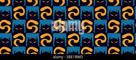 Halloween Seamless Pattern with Black Cats and Orange Serpent Shapes on Black Squares. Mystical and moody tile background with spooky feline faces and Stock Vector