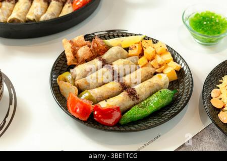 Musakhan rolls plate, traditional Arabic food Stock Photo