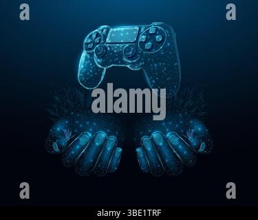 Two human hands are holds gaming controller. Glowing blue low poly wireframe joystick on a dark background. Vector illustration design concept for Stock Vector