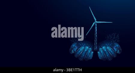 Two human hands are holds wind Generation Turbine. Renewable alternative energy concept with glowing low poly windmill on dark blue background Stock Vector