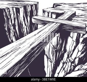Christian wooden cross lying over the chasm, uniting us with God. Easter . symbol of Christianity hand drawn vector illustration sketch Stock Vector
