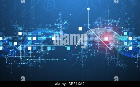 Abstract data background with wireframe wave and circuit lines. Technology concept. Vector Stock Vector