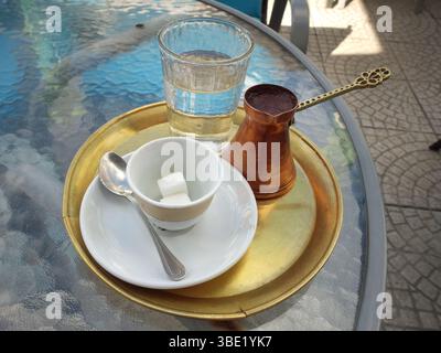 traditional bosnian coffee set ready to the coffee ritual in Travnik, Bosnia And Herzegovina Stock Photo