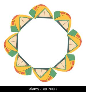 Camping tent circle frame. Simple beige green yellow red tent border. Camping shelter in nature on summer holiday. Outdoor adventure flat vector Stock Vector