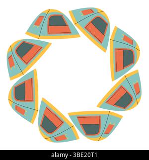 Camping tent circle frame. Simple blue yellow red tent border. Camping shelter in nature on summer holiday. Outdoor adventure flat vector illustration Stock Vector