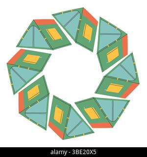 Camping tent circle frame. Simple blue green yellow red tent border. Camping shelter in nature on summer holiday. Outdoor adventure flat vector Stock Vector