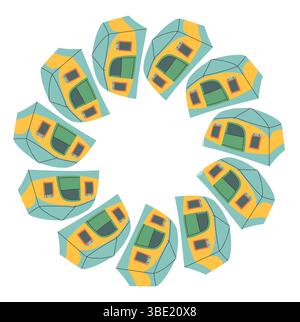 Camping tent circle frame. Simple blue green yellow tent border. Camping shelter in nature on summer holiday. Outdoor adventure flat vector Stock Vector