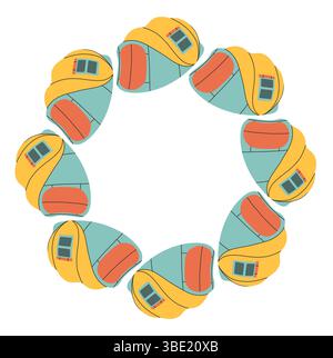 Camping tent circle frame. Simple blue yellow red tent border. Camping shelter in nature on summer holiday. Outdoor adventure flat vector illustration Stock Vector