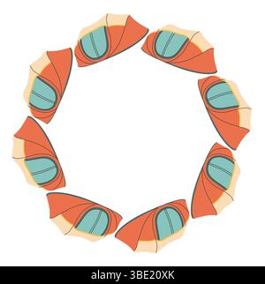 Camping tent circle frame. Simple blue beige red tent border. Camping shelter in nature on summer holiday. Outdoor adventure flat vector illustration Stock Vector