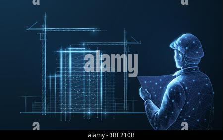 Digital construction site sketch with excavator. Building 3D Printing, Building Information Modeling Stock Vector
