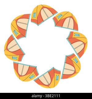 Camping tent circle frame. Simple yellow red blue tent border. Camping shelter in nature on summer holiday. Outdoor adventure flat vector illustration Stock Vector