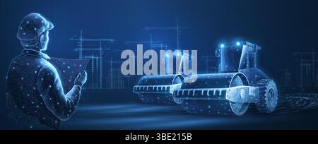AI engineer and road rollers on the city construction background. Building site, construction machine Stock Vector