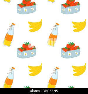 Summer seamless pattern with fruits and bottle of juice. Strawberry, banana and drink. Stock Vector