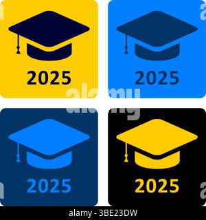 Graduation Cap Icons with Year 2025 in Colorful Square Designs – Academic Achievement and School Celebration Vector Illustration Stock Vector