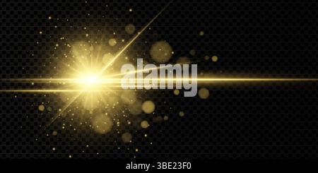 Radiant golden sunlight flare with glowing beam and magic sparkle. Abstract aura with starburst and bright shine. Transparent sky inspired background for festive or energy themes. Stock Vector