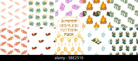 Summer Seamless Cartoon Pattern Pack Stock Vector