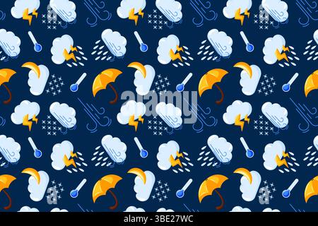 Seamless pattern with cloud, rain, lightning, yellow umbrella, moon, snowflakes and wind symbols on a dark blue background. Perfect design for textile Stock Vector